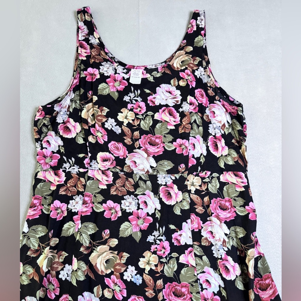 Vtg Floral Tank Maxi Dress Sz 16 Black Pink Festival 90s Retro Grunge Cottage - Picture 4 of 7